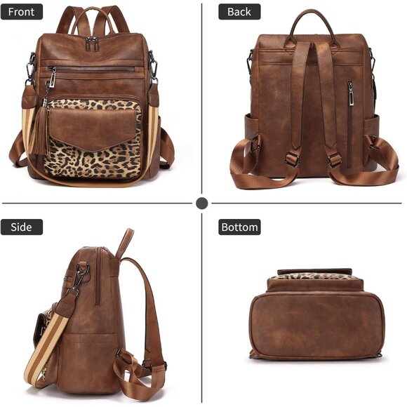 Women’s Brown Faux Leather Convertible Travel Backpack Purse with Leopard Accent main image 5